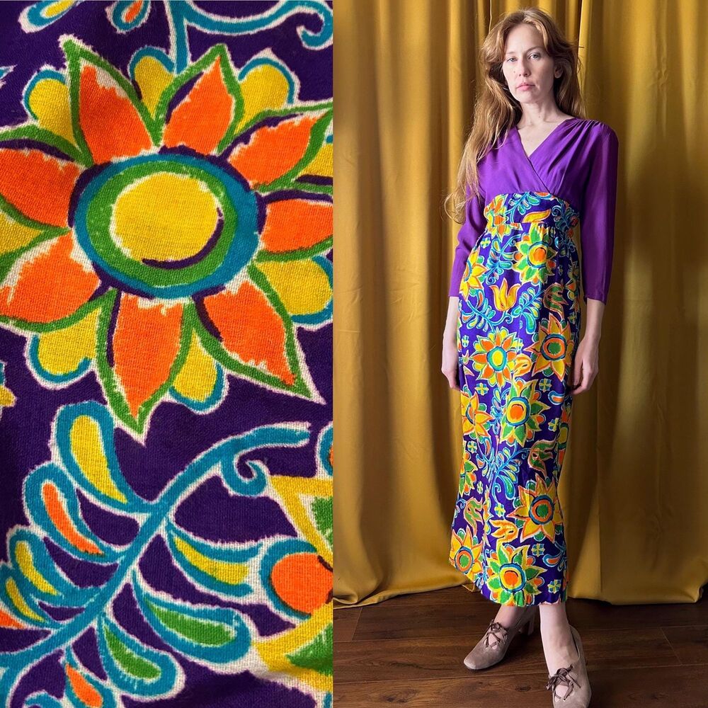 1960s Psychedelic Sunflower Print Vintage Maxi Dress, Size Small